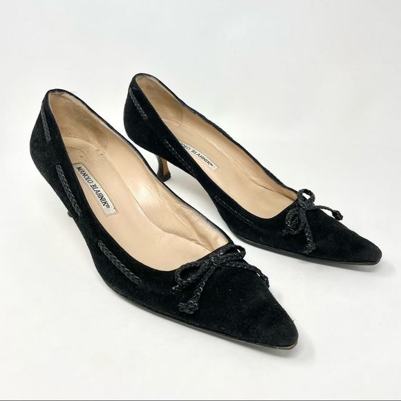 Manolo Blahnik Shoes - MANOLO Blahnik Black Suede Braided Bow Kitten Heels Size 39.5